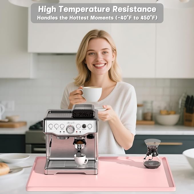 Rnivvi Silicone Coffee Mat, 16" x 24" Waterproof Raised Edge Coffee Bar Mats for Espresso Machine Station Accessories, Heat Resistant Dish Drying Pad for Kitchen Counter, Rubber Bar Decor Pad, Pink