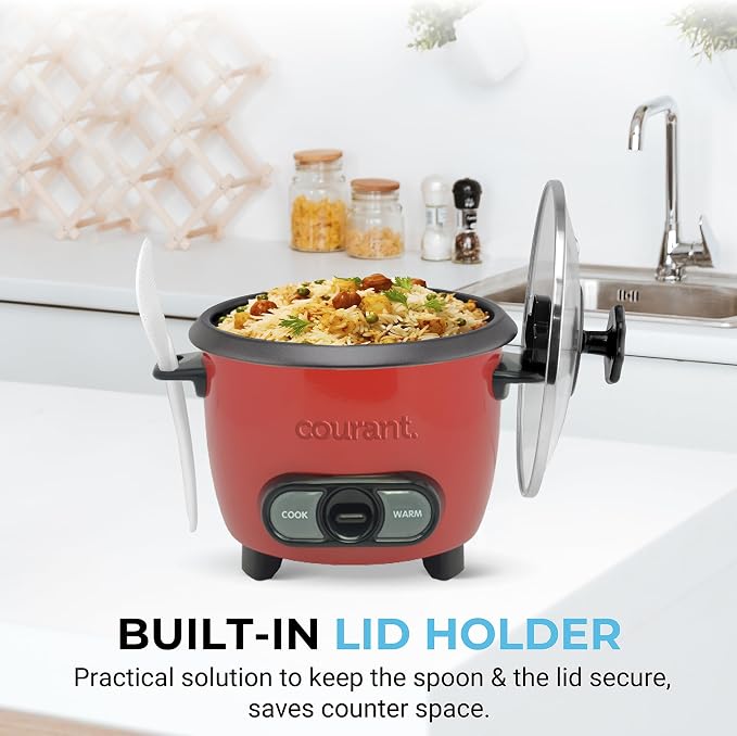 Courant Rice Cooker 6-Cup (Cooked), Removable Non-Stick Bowl, One Touch Rice Cooker, Red