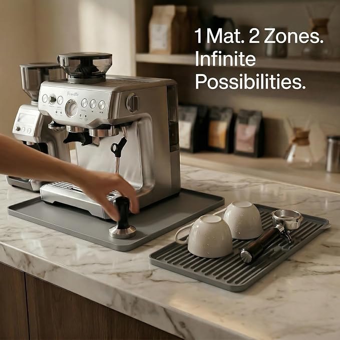 Silicone Coffee Mat for Countertop, 16x16 inch Heat Resistant Espresso Machine Mat, Non-Slip Coffee Bar Mat with Detachable Drying Area and Raised Edge, Waterproof Station Pad - Grey