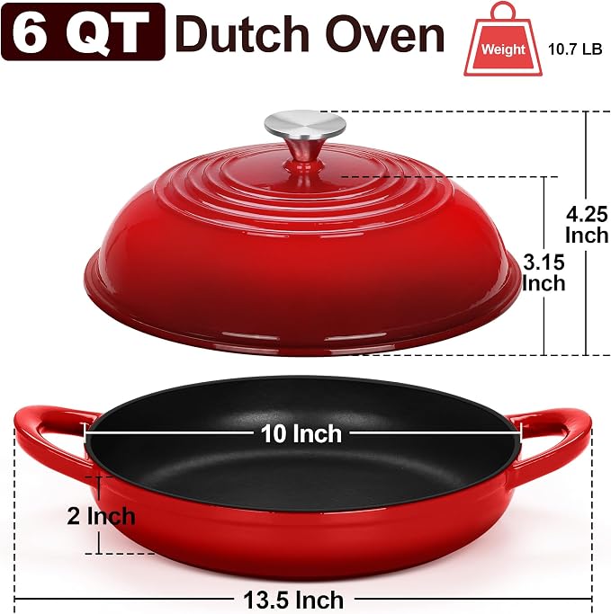 TeamFar Cast Iron Bread Dutch Oven, 6 Qt Enameled Dutch Oven Pot | for Sourdough Bread Baking, with Tall Dome Lid & Round Base Pan, Self-Basting & Even-Heating, Heavy-Duty & Non-stick, Red