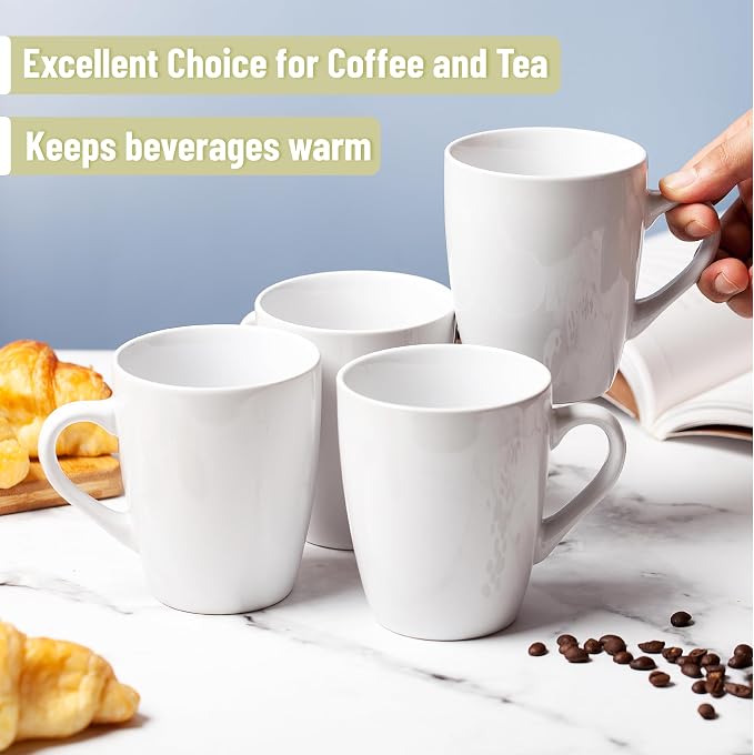 BTaT- Porcelain Coffee Mugs Set, 4 Pack, 12oz, White Ceramic Cups | Restaurant Cups with Handles for Mocha, Tea, Cappuccino, Cocoa, Cereal, Mug Gift Set, Dishwasher Safe