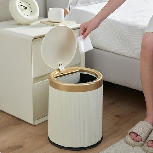 URALFA Bathroom Trash Can with Lid, Automatic Motion Sensor Trash Can | 2.8 Gal Bathroom Garbage Can Touchless, Smart Waterproof Trash Bin for Bedroom, Office, Restroom, Cream White and Gold