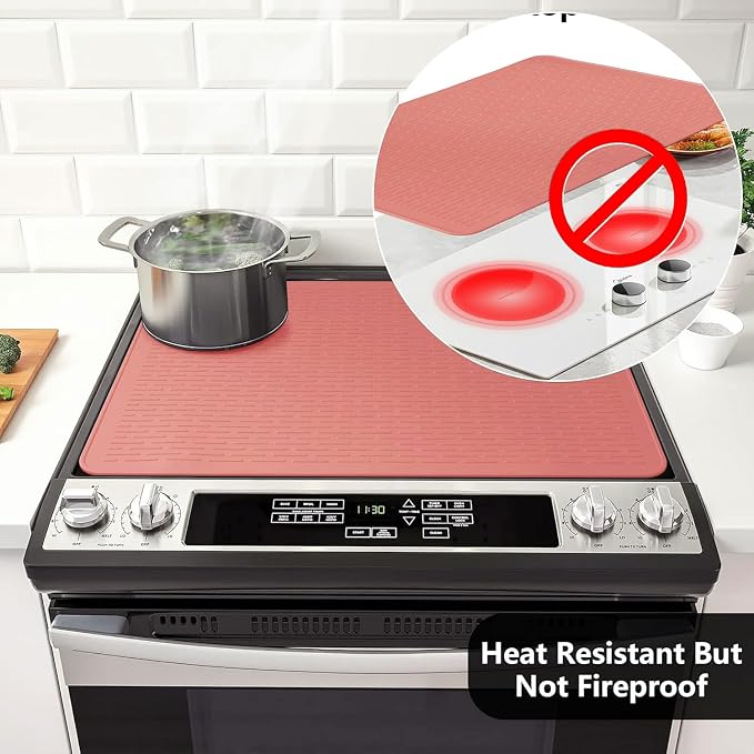 Stove Top Cover for Electric Stove- Range Covers for Electric Stove,Silicone XXL Dish Drying Mat, Glass Cooktop Covers, Flat RV Range top Mats (Rosy, 28"x20")
