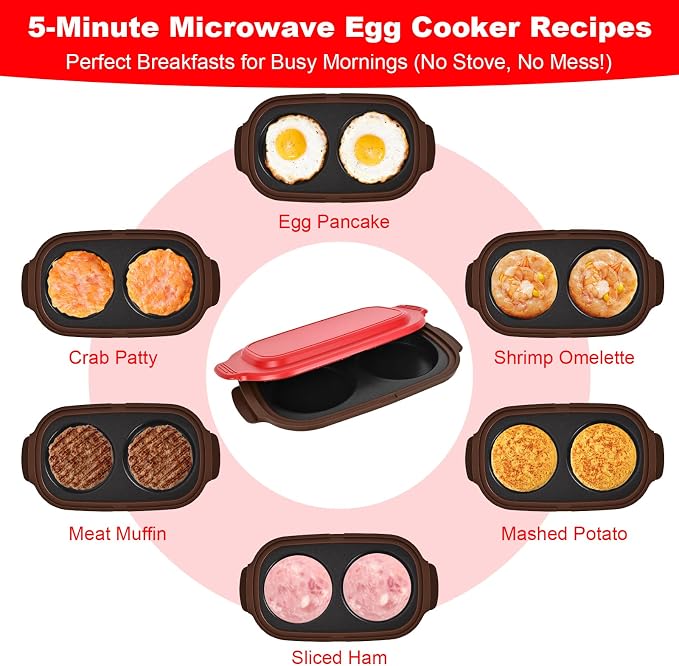 Microwave Egg Poacher & Cooker for 2 Eggs – Multi-Use Fryer with Silicone Lid, Makes Bacon, Omelets & Breakfast Sandwiches | Dishwasher Safe, BPA-Free, Portable for Dorm, Travel, Office (Red)