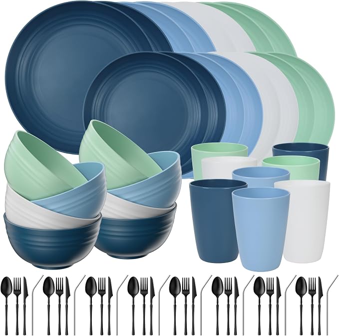 Quatish 64 Piece Plates and Bowls Sets for 8, Unbreakable Dinnerware Sets, Plastic Dish Set for Camping, Dishwasher Microwave Safe, Outdoor Kitchen and Apartment Dinning RV Essentials, Blue