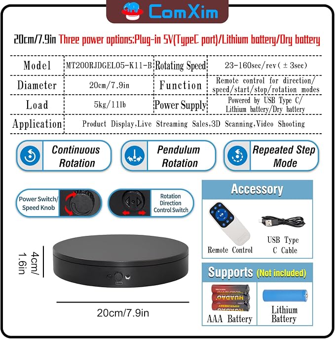Motorized Rotating Display Stand with Remote, 7.87in 360 Electric Turntable for Display,Photography,3D Scanner Models, Motorized Lazy Susan and Photography Turntable Control Angle/Speed,Step/Swing/Continuous Rotation