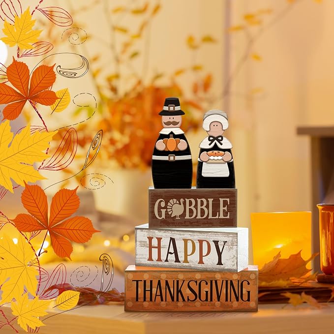 Lineshading 4 Pcs Thanksgiving Pilgrim Decor Wooden Block Signs Tray Set | Rustic Couple Figurines with Gobble Happy Signs, Farmhouse Centerpiece for Kitchen Table, Fall Tiered Display