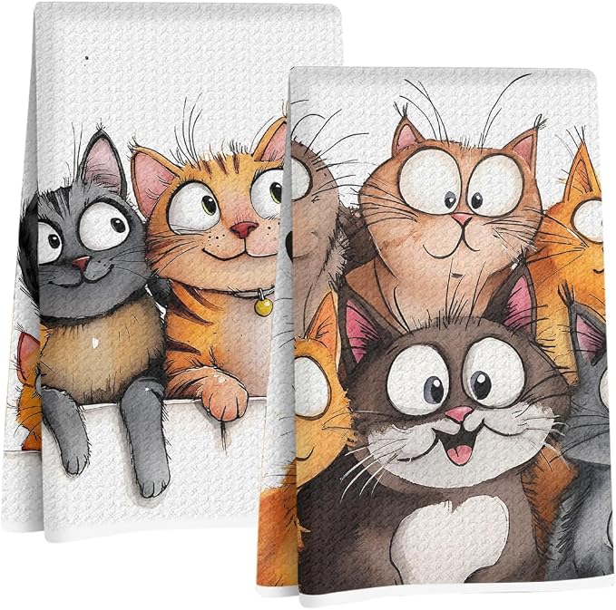 Jztco 2 Pcs Cute Cat Kitchen Towels, Cats Gifts Soft Absorbent Hand Towel