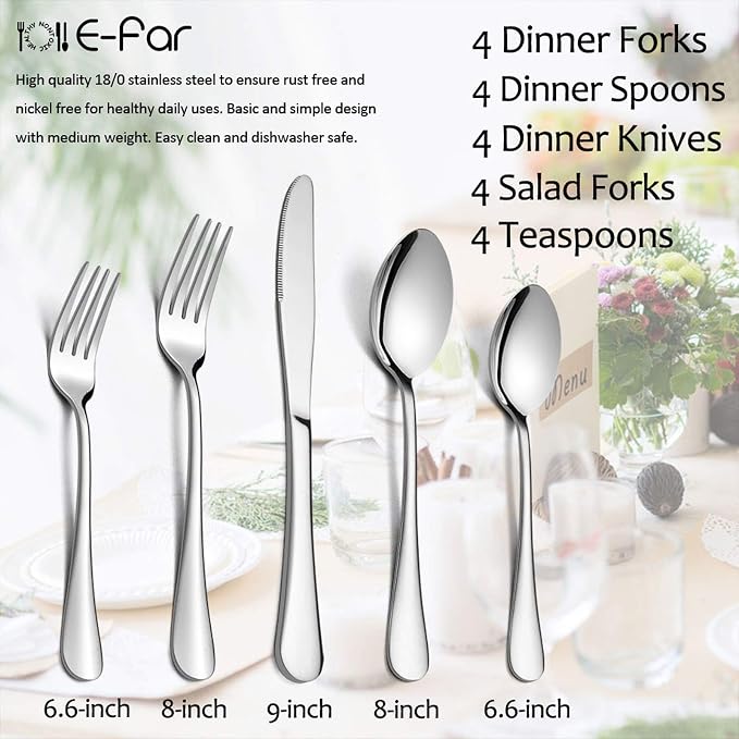 Flatware Set, E-far 20-Piece Silverware Set Stainless Steel Cutlery Sets for Kitchen Hotel Restaurant, Mirror Polished & Dishwasher Safe - Service for 4