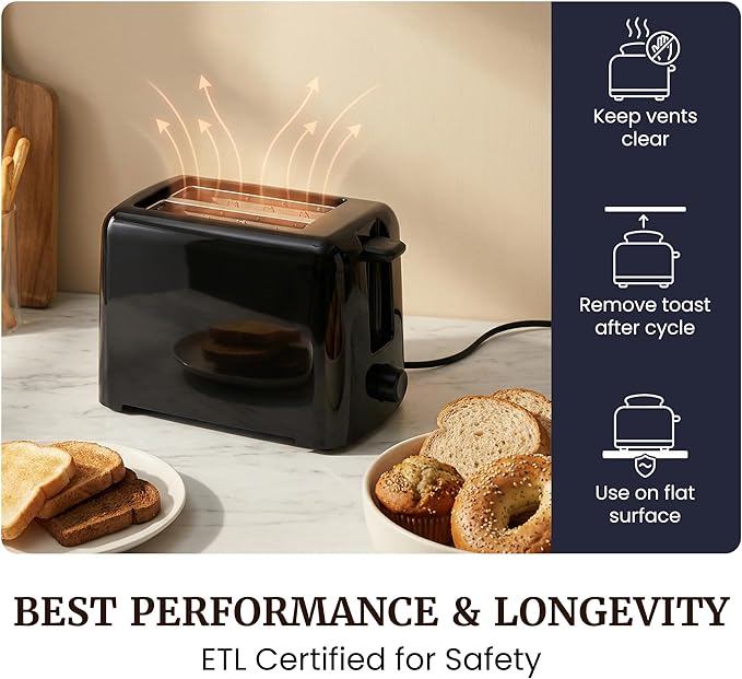 Elite Gourmet 2-Slice Cool-Touch Toaster, Extra-Wide 1.25" Slots, Black | 6 Browning Levels, Fits Bagels & Thick Bread, Cancel Function, Compact & ETL Certified