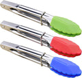 HINMAY 7-Inch Mini Tongs with Silicone Tips, Set of 3 (Green Red Blue) | 7-Inch Serving Tongs