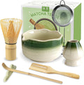 JBER Matcha Set, 7PCS Ceramic Matcha Whisk Set for Matcha Tea Ceremony | Ceramic Matcha Kit Includes 17oz Bowl, Bamboo Whisk (Chasen), Holder, Spoon, Powder Sifter for Matcha Making - Green