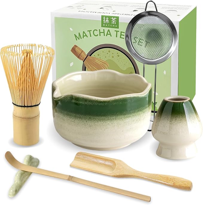 JBER Matcha Set, 7PCS Ceramic Matcha Whisk Set for Matcha Tea Ceremony | Ceramic Matcha Kit Includes 17oz Bowl, Bamboo Whisk (Chasen), Holder, Spoon, Powder Sifter for Matcha Making - Green