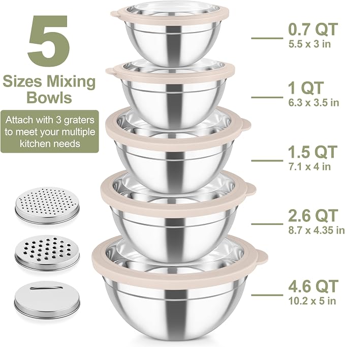 TeamFar Mixing Bowls, Stainless Steel Salad Serving Bowl with Clear Lids | with 3 Graters, For Kitchen Cooking Prepping Storing, Size 4.6/2.6/1.5/1/0.7 QT, Nesting & Airtight, Set of 5 & Khaki