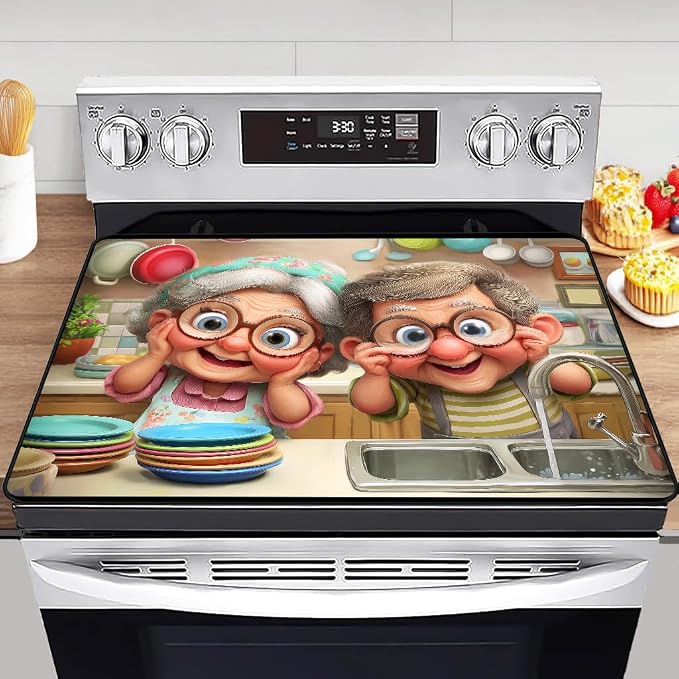 Cute Grandpa and Grandma Stove Top Cover for Electric Stove,Funny Old Couple Glass Top Stove Cover Protector,Old Lady Glass Cooktop Covers Kitchen Flat Electric Stove Top Covers