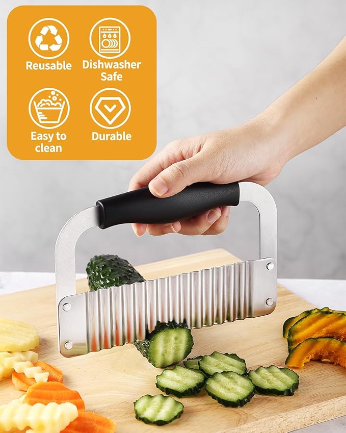 Crinkle Cutter Stainless Steel Potato Slicer Wavy Chopping Black Veggies | Comfortable Black Handle Sharp and Deep Waves Crinkle Cutting Chip for Carrot Zucchini Pickled Cucumber Dishwasher Safety