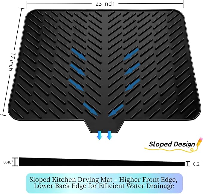 Silicone Dish Drying Mat for Kitchen Counter, Black-1pcs, 23" x 17" | Heat Resistant & Non-Slip Dish Drain Pad with Built-In Drain, Dishwasher Safe, Quick-Dry, Hangable & Roll-Up for Storage