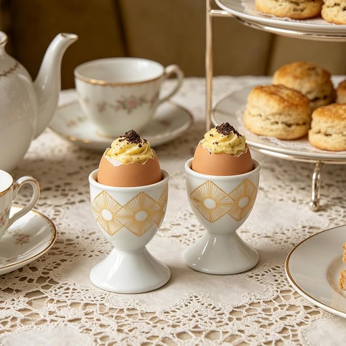 Cinf Ceramic Egg Cups, Set of 2, Art Deco Boiled Egg Holders for Breakfast | Set of 2 ceramic egg cups, classic white design, easy to clean, ideal for boiled eggs, breakfast serving and holiday gifting