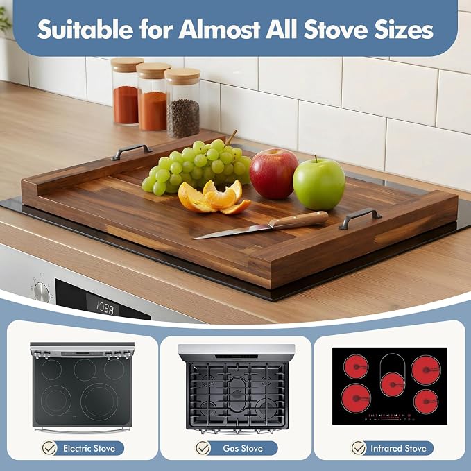 DUMOS Noodle Board Stove Cover with Handles, Wooden Stove Top Cover for Gas Electric Glass Stove, 22 x 29.5 inch(Brown)