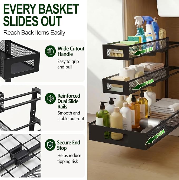3 Tier Under Sink Organizer,2 Pack Pull Out Cabinet Shelves with Adjustable Height,Heavy Duty Carbon Steel L-Shaped Storage for Kitchen Bathroom Sink,Pantry & Laundry,Black
