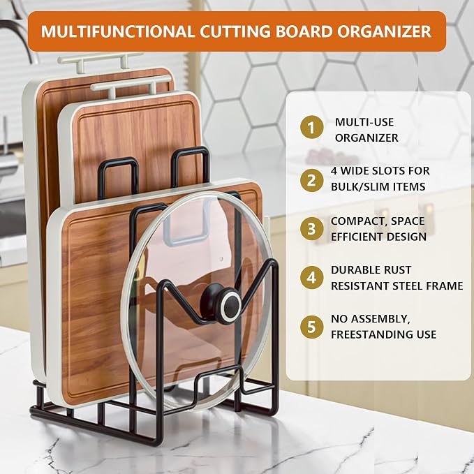 Multifunctional Cutting Board Organizer, Cutting Board Holder Rack Baking Cookie Pan Sheets Cooling Racks Storage Stand for Kitchen Cabinet -Divided Holder with 4 Slots (2PS Black)