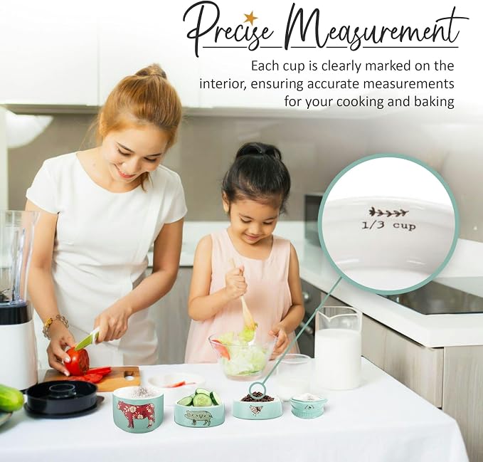 Pavilion Gift Company - 'Live Simply Bee, Chicken, Pig, and Cow' - 4-Piece Stoneware Measuring Cups Set, Sturdy Farmhouse-Style Kitchenware for Home Baking, Cooking, Gifting - Teal, 8 Ounces