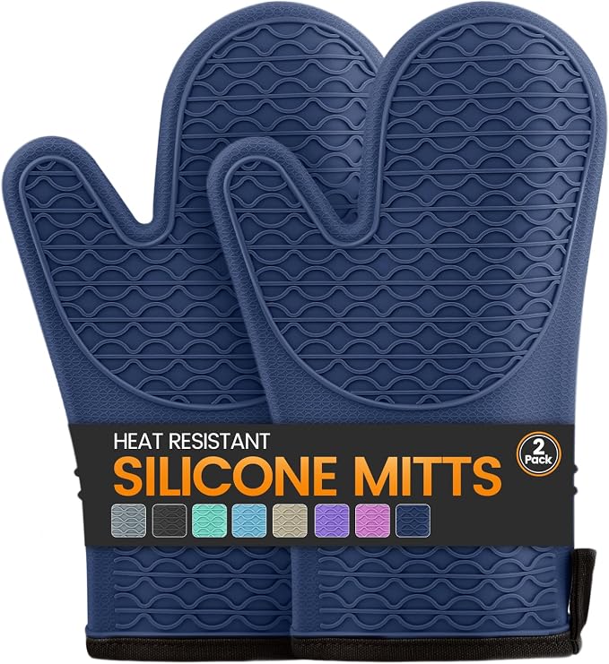 Silicone Oven Mitts, Heat Resistant 2PCS Oven Mitts with Soft Cotton Lining, Waterproof Non-Slip Grip Oven Glove, Kitchen Potholder Mits for BBQ, Baking, Cooking, 12.5 Inch - Dark Blue