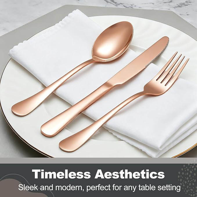 Runfly 40-Piece Rose Gold Flatware Set, Stainless Steel Cutlery Set for 8 | Mirror Polished Durable Utensil Set Includes Knife Fork Spoon for Home Kitchen Restaurant Tableware
