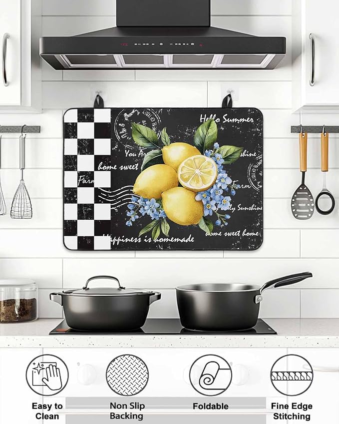 Stove Top Covers for Electric Stove 36x21 Inches, Lemon HeatResistant Glass Cooktop Protector, Spring Summer Black White Checkered Plaid Ceramic Stovetop Countertop Covers Mat, Oven Cover