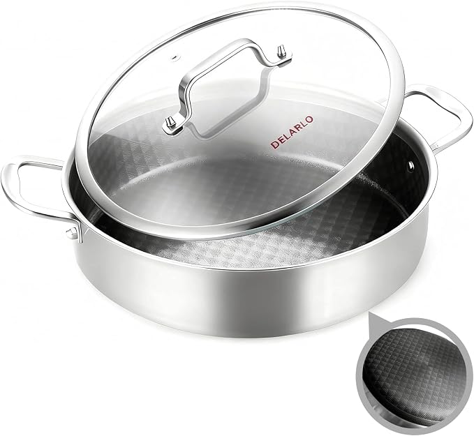 DELARLO Saute Pan 8QT, Frying Pan Nonstick with Lid, Tri-ply Stainless Steel Skillet, Large Braiser Induction, Everyday Pans, Heavy Duty Style, Compatible with All Cooktops Up to 660℉