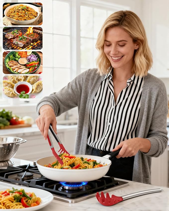 Spaghetti Spoon and Pasta Tong with Teeth and Drain Holes, 2-Piece Non-Stick Silicone Spoon Server Fork with Stainless Steel Handle, Kitchen Tong for Cooking, Serving, Salad and Noodles, Red
