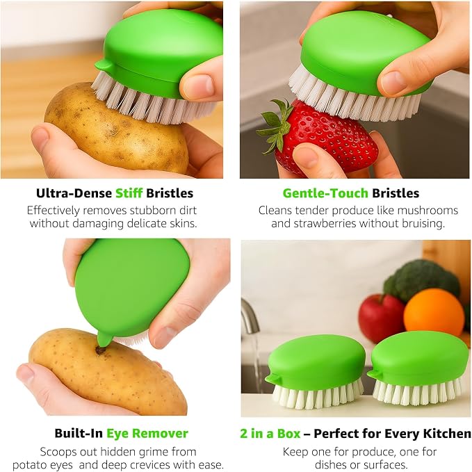 2-Pack Produce Brush, Soft Firm Bristles for Vegetables, Green | Soft and firm bristles for fresh produce, fruits, leafy greens, potatoes