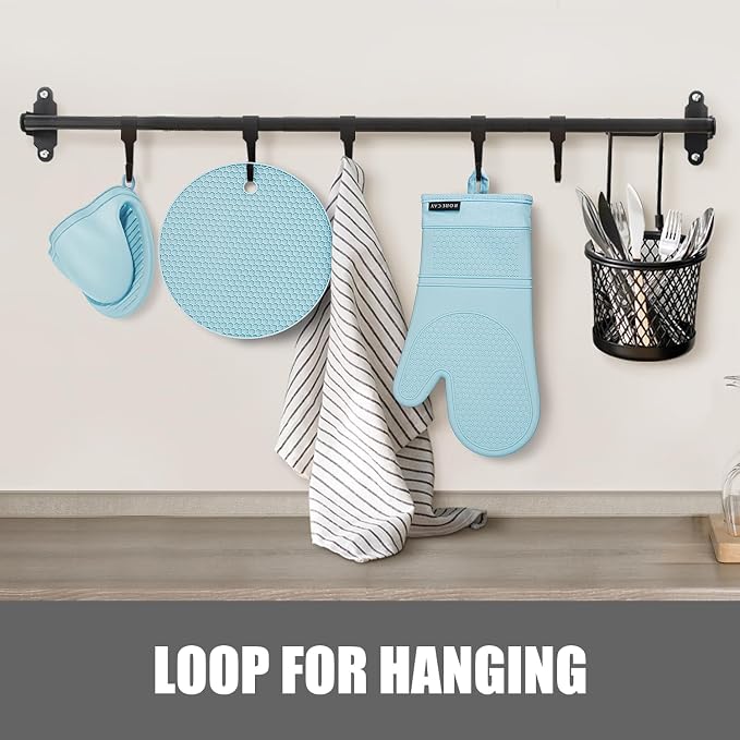 RORECAY Silicone Oven Mitts and Pot Holders Sets, Kitchen Gloves, Sky Blue | Set of 6 Kitchen Mitts for Baking & Cooking, Heat Resistant 500 ℉, 12.7" Extra Long, Non-Slip & Waterproof, Quilted Cotton