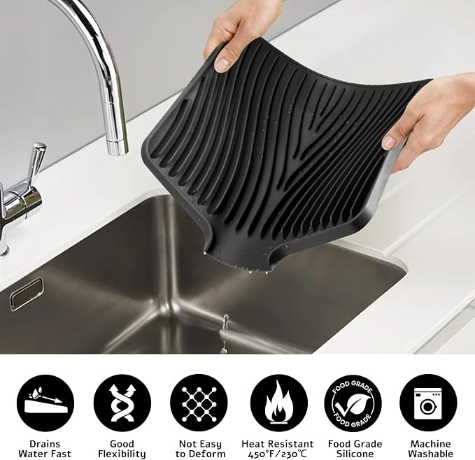 TIKNIK Silicone Dish Drying Mat for Kitchen Counter, Black-2pcs, 16" x 12" | Heat Resistant & Non-Slip Dish Drain Pad with Built-In Drain, Dishwasher Safe, Quick-Dry, Hangable & Roll-Up for Storage