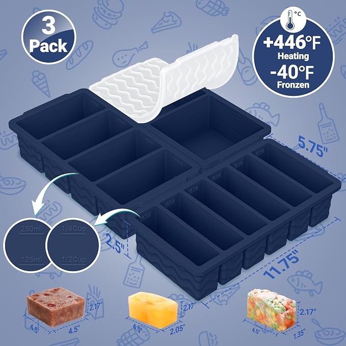 3-Pack Silicone Freezer Trays with Lid, Soup Freezer Container Molds | 2 Large 2-Cup, 4 Medium 1-Cup, 6 Small 1/2-Cup, BPA Free, Ice Cube Tray for Soup, Stews, Sauces, Meal Prep, Broth, Leftovers