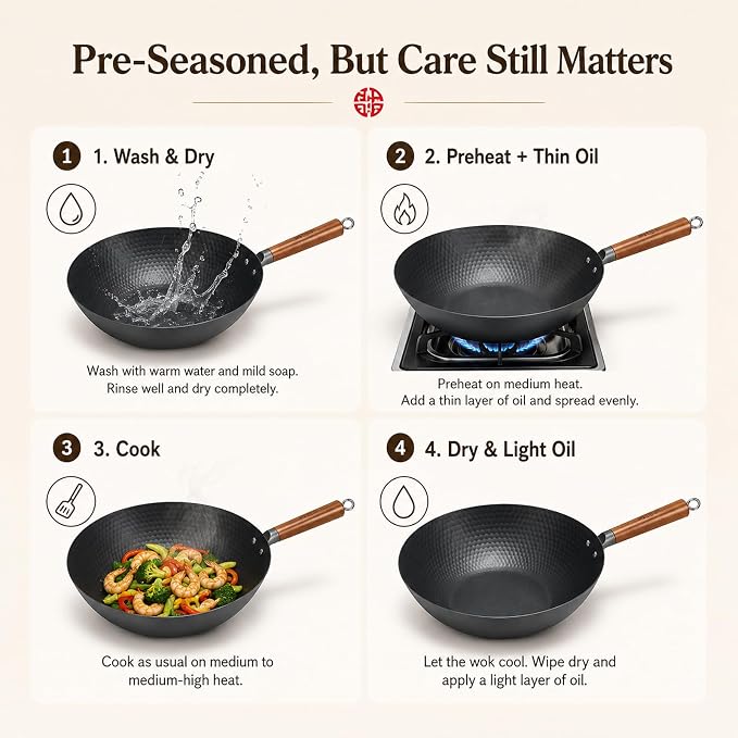 WANGYUANJI Lightweight Carbon Steel Wok Pan with Lid, 12.6" Flat Bottom Stir Fry Wok for Induction, Electric & Gas Stoves, 2.9 lb Wok Body, Pre-Seasoned Nitrided Wok, No Chemical Coating