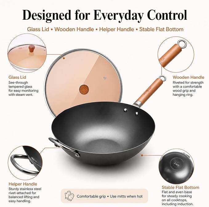 WANGYUANJI 14.2" Carbon Steel Wok with Lid, Flat Bottom Chinese wok | No Chemical Coating Large Nitriding Stir Fry Pan, Rust Resistant Iron Skillet for Induction Electric Gas Stoves, Big Capacity