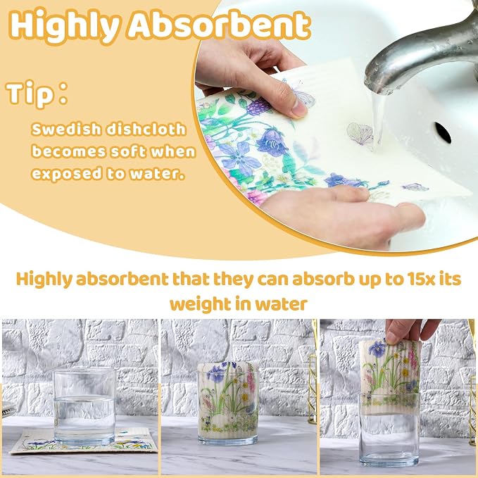 6 Pack Spring Floral Swedish Dishcloths for Kitchen, Absorbent Dish Cloths | Swedish Rags Dish Towels with Adhesive Clips, Reusable Paper Towels No Odor for Cleaning Sink Kitchen
