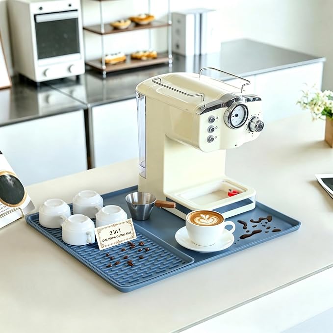 CAKETIME 2 In 1 Silicone Coffee Bar Mat Accessories for espresso Machine with Detachable Dish Drying Mat Rack Stone Heat Resistant Kitchen Office Home Essentials Barista Items Women Birthday Gifts