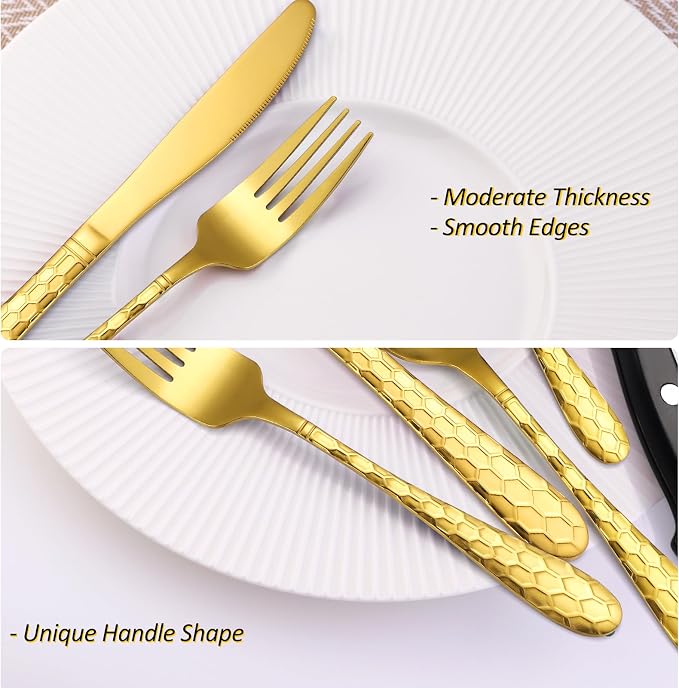 30 Pcs Gold Hammered Silverware Set Service for 6,with Steak Knives Stainless Steel Flatware Set,Mirror Cutlery Utensil,Durable Kitchen Tableware,Ripple Teardrop Fork Knife Spoon,Dishwasher Safe