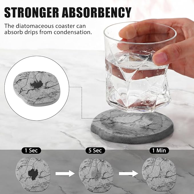 Diatomaceous Earth Coasters Set of 8，Cool Absorbent Quick-Dry Drink Coasters for Desks, Cute Modern Stone Design with Stylish Grey Aesthetic (8, Marble Light Grey)