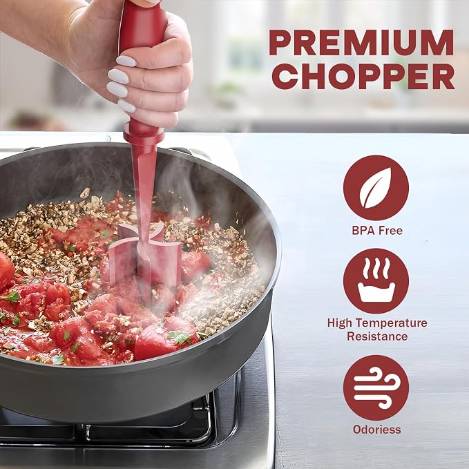 Meat Chopper, Upgrade Hamburger Smasher, Premium Heat Resistant Meat Masher for Ground Beef, Ground Turkey and More, Non Stick Mix Grinder-Red | Heat Resistant, 5 Nylon Blade, Burger Grinder Potato Mix Tool, Meat & Poultry Tenderizers, Dishwasher Safe,...