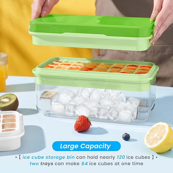 1" Ice Cube Tray with Lid and Bin, Easy Release 64 Cubes for Freezer | Food-grade BPA-free PP and ABS. 1" x 64pcs ice cubes for fruit whiskey, cocktails. Space-saving, stackable with scoop