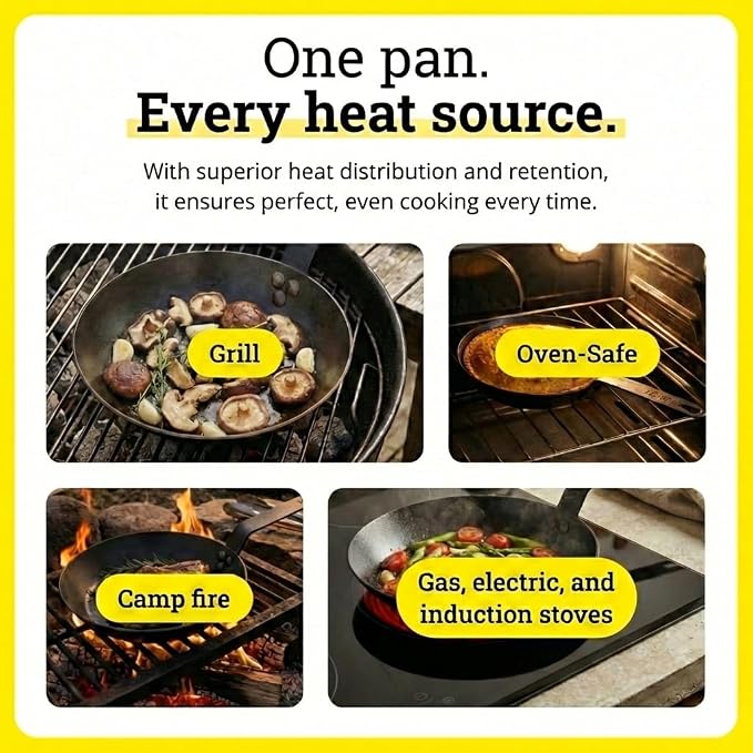 Lodge Seasoned Carbon Steel Skillet - Lightweight High Heat Frying Pan with Long Handle - Quick Temperature Response - Ideal for Searing & Sautéing - 10 Inches