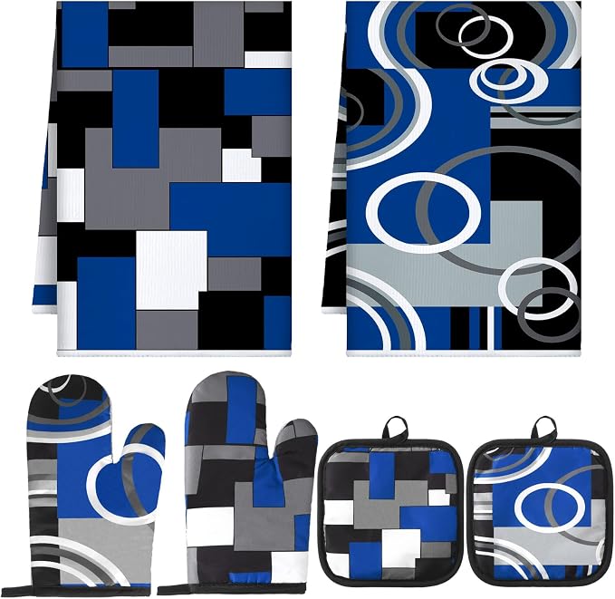 Jingmore 6 Pcs Kitchen Decor Set Accessorie Farmhouse Kitchen Towels Pot Holders Oven Mitts Set 2 Dish Towels 2 Pot Holders 2 Cooking Mittens Oven Glove for Cooking(Blue and Black,Geometric)
