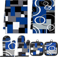 Jingmore 6 Pcs Kitchen Decor Set Accessorie Farmhouse Kitchen Towels Pot Holders Oven Mitts Set 2 Dish Towels 2 Pot Holders 2 Cooking Mittens Oven Glove for Cooking(Blue and Black,Geometric)