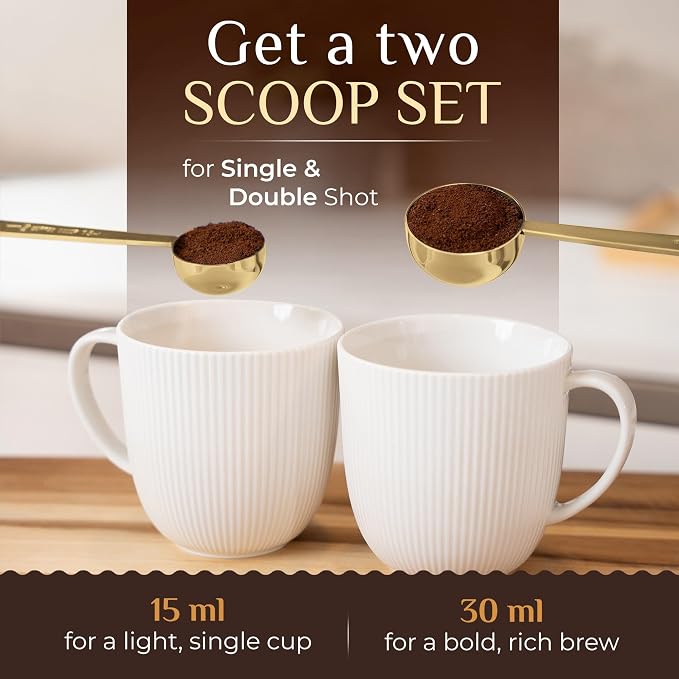 Orblue Premium Coffee Scoop Set - 1 Tbsp (15ml) & 2 Tbsp (30ml) Measuring Tablespoon - Stainless Steel Coffee Measuring Spoon and Scooper with Long Handles - Pack of 2 - Gold