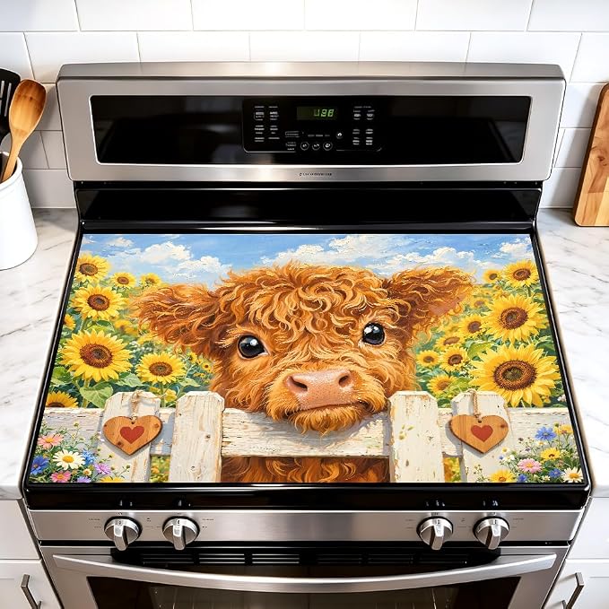 Highland Cow Stove Top Cover, Sunflower Farmhouse, 28x20 in | Baby highland cow over white fence in a sunflower field; non-slip mat; protects glass and electric cooktops; 28.4 x 20.5 in