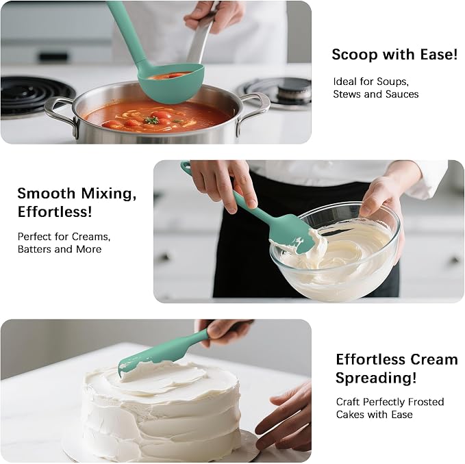 Coukre Silicone Kitchen Cooking Utensils Set, Heat Resistant, 14-Piece | Dishwasher-Safe, Food-Grade Silicone, BPA-Free, Spatulas, Spoons & Turner, Safe for Nonstick Cookware, PureAquaGreen
