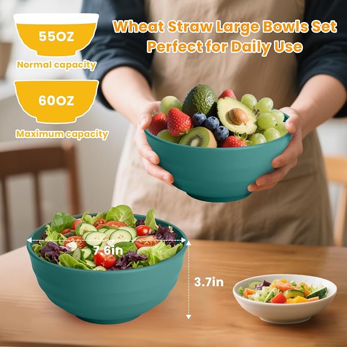 Large Bowls for Eating: Set of 8 Unbreakable 60oz Wheat Straw Bowls, Non-Plastic & Microwave Safe for Everyday Salad, Soup & Oatmeal (Green)